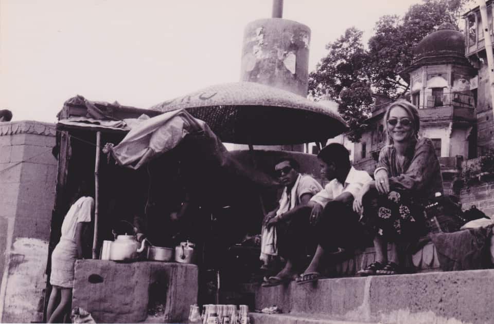 Alison Bone (right) sits in a chai shop on the ghats of Varanasi, India. 