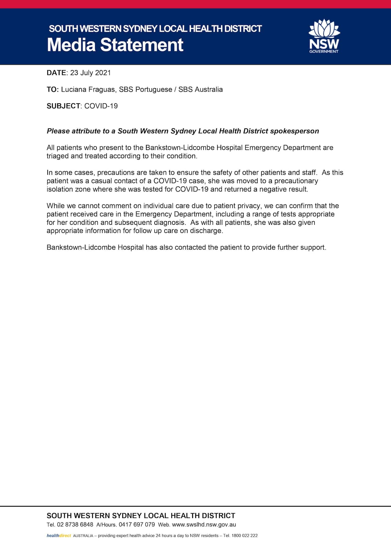 NSW Health Daniela resposta