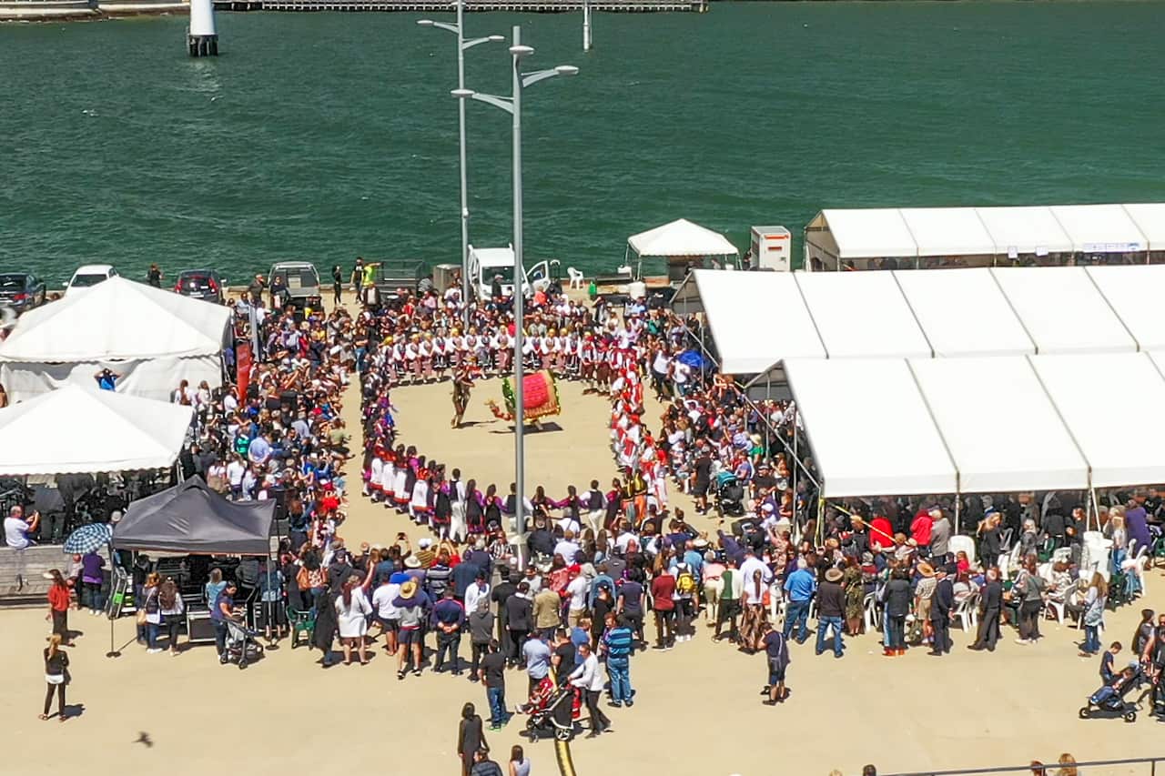 Manasis Dance School at Melbourne's Princes Pier during 2020 Theofania (Epiphany). 