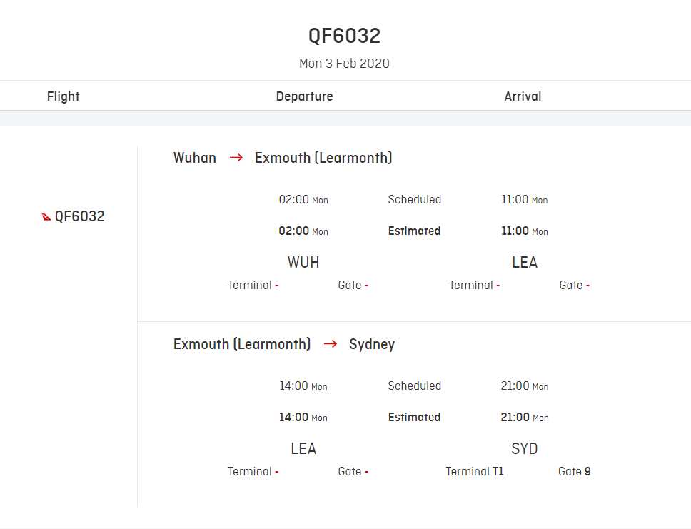 QF 6032 departing from Wuhan to Exmouth. 