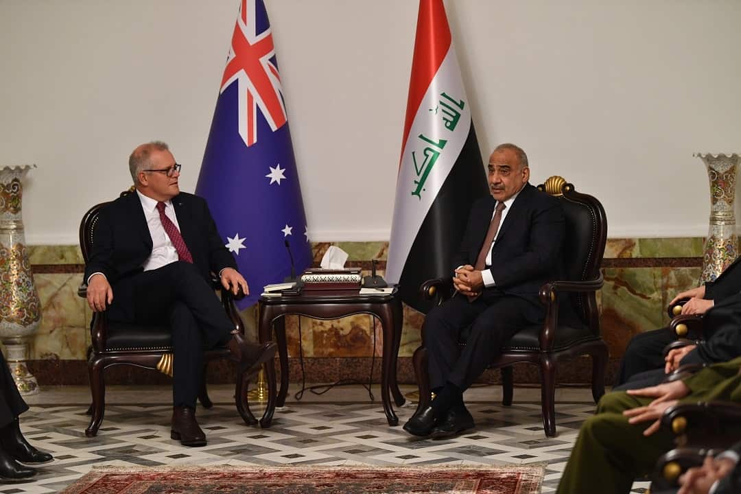 Australian Prime Minister Scott Morrison is seen with the Iraqi Prime Minister Adil Abdul-Mahdi during bilateral meetings at the Prime Minister's Palace in Baghdad, Iraq, Wednesday, December 19, 2018. (AAP Image/David Mariuz) NO ARCHIVING