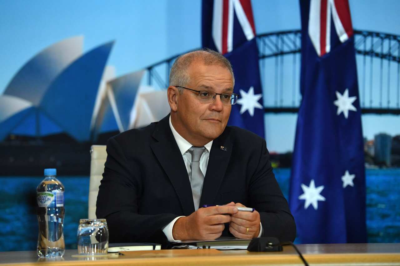 Prime Minister Scott Morrison looks on for the opening remarks of the Leaders Summit on Climate hosted by United States President Joe Biden. x