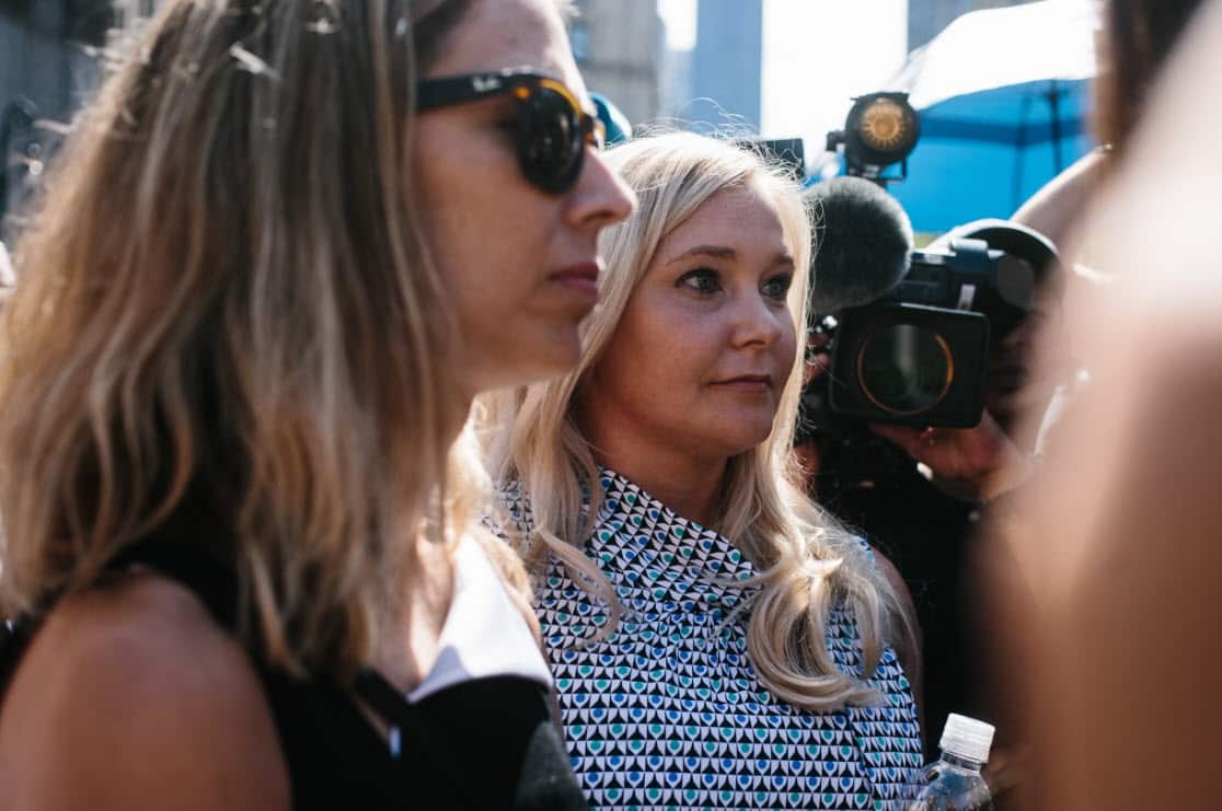 Some of deceased financier Jeffrey Epstein's alleged victims, including Virginia Roberts Giuffre (C) exit the United States Federal Courthouse in New York.