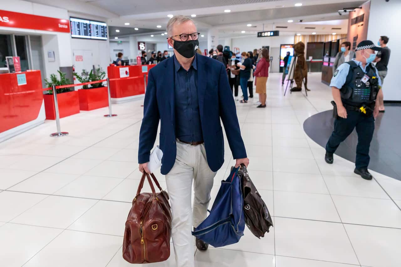 Federal Opposition Leader Anthony Albanese arrives at Perth Domestic Airport in Perth, Thursday, March 3, 2022. 