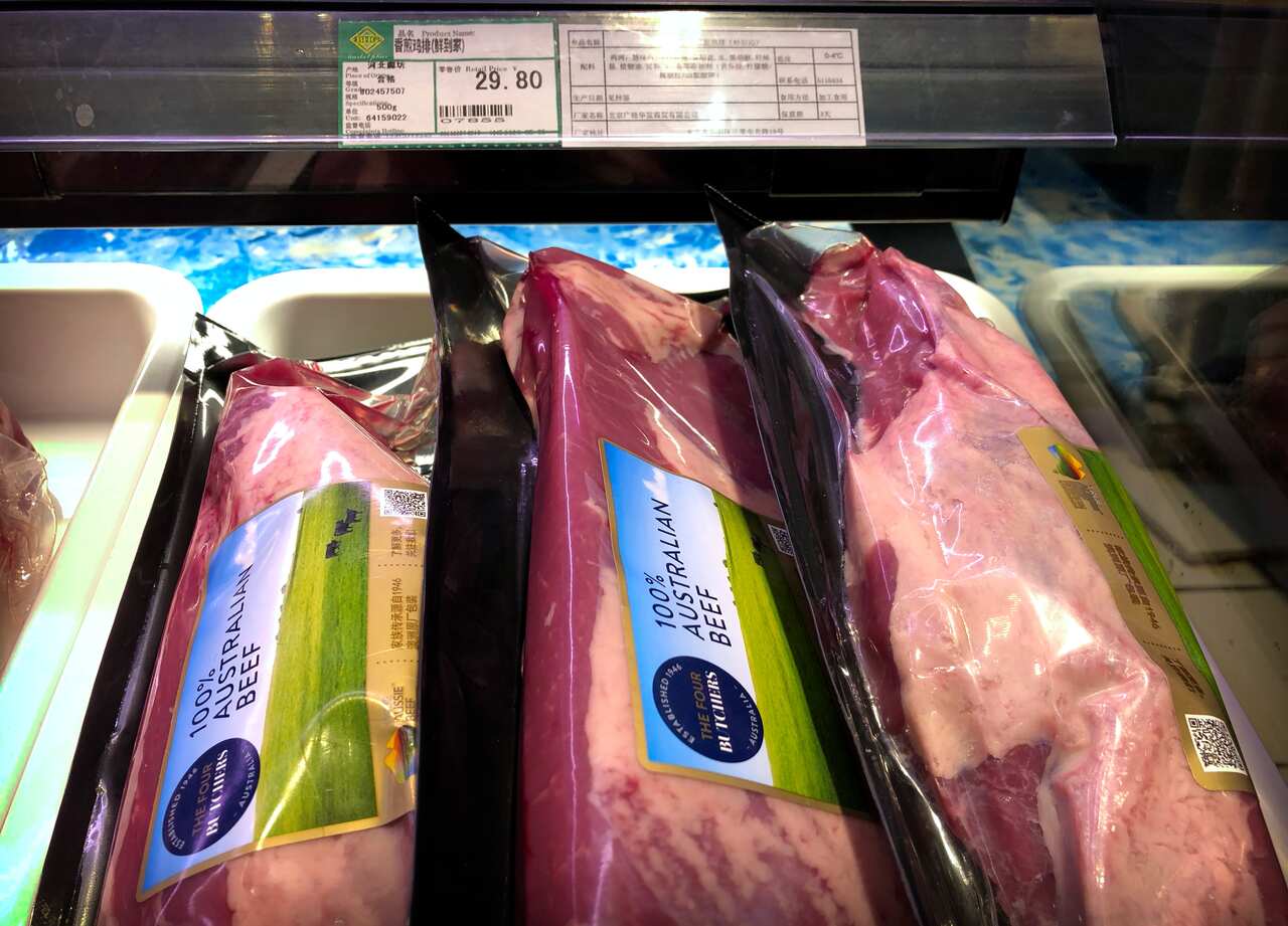 Beef imported from Australia on sale at a supermarket in China (AAP)