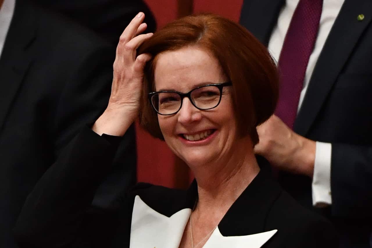 Former prime minister Julia Gillard smiles after Labor Senator Marielle Smith makes her first speech in the Senate chamber at Parliament House in Canberra, Wednesday, September 11, 2019. (AAP Image/Mick Tsikas) NO ARCHIVING
