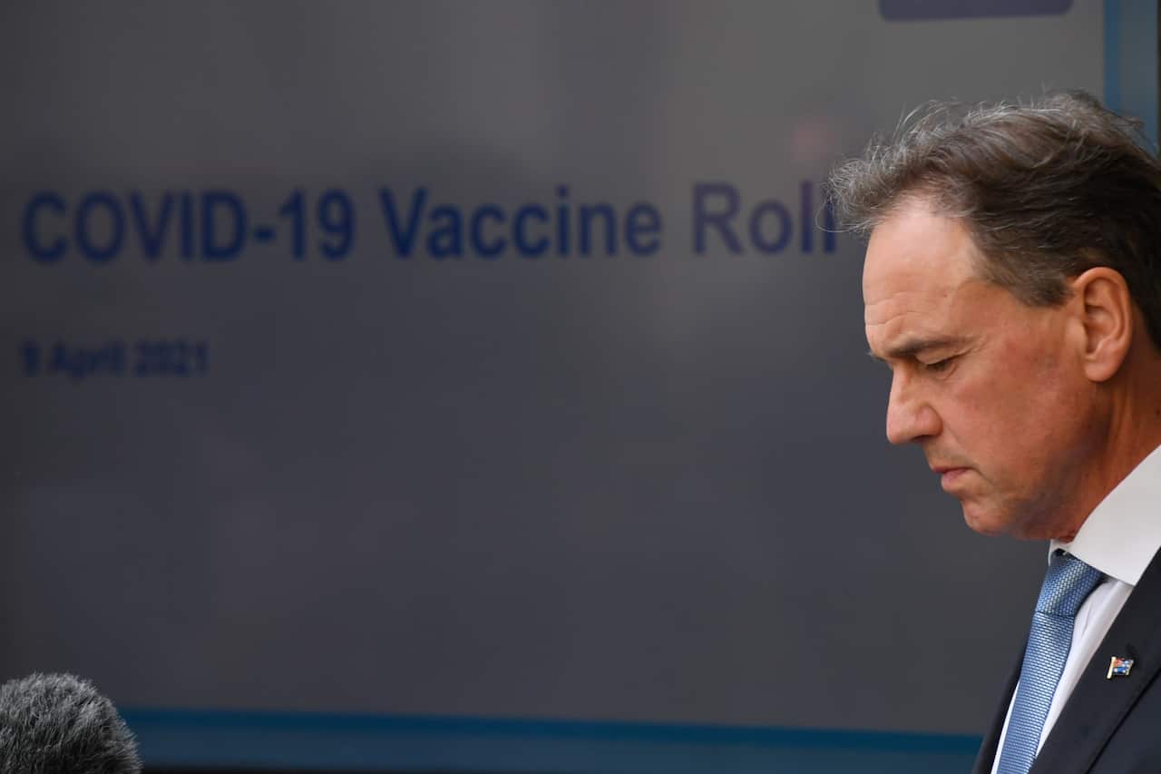 Minister for Health Greg Hunt at a press conference at Parliament House in Canberra. Friday, April 9, 2021. (AAP Image/Mick Tsikas) NO ARCHIVING