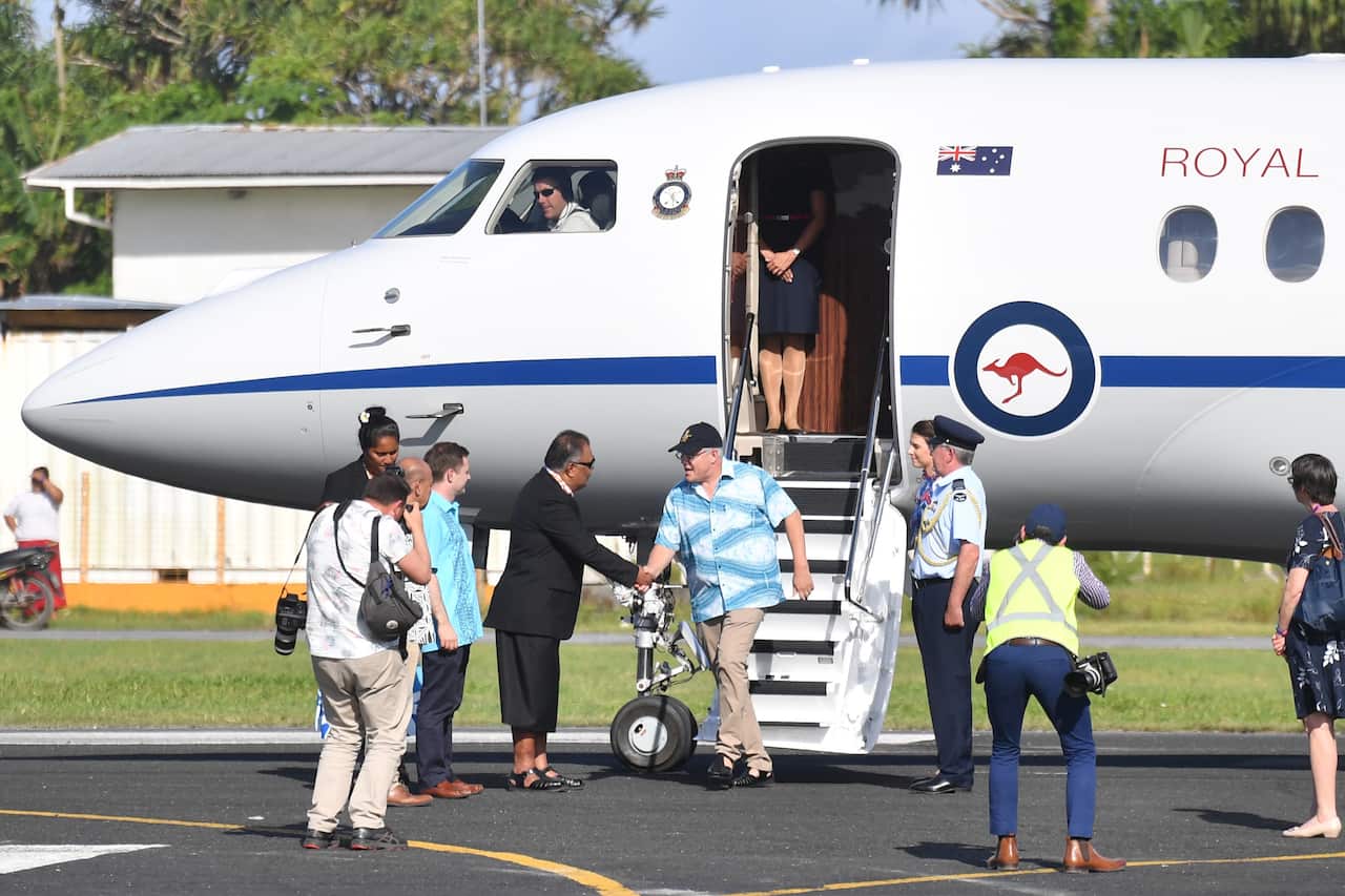 Prime Minister Scott Morrison arrives for the Pacific Islands Forum in Funafuti, Tuvalu, Wednesday, August 14, 2019. (AAP Image/Mick Tsikas) NO ARCHIVING