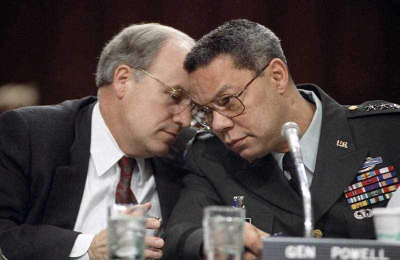 Then-Secretary of Defense Dick Cheney with Colin Powell  prior to testifying before the Senate in 1991 