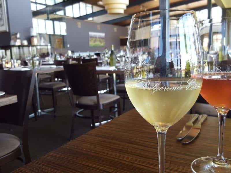 Two glasses of wine on a restaurant table