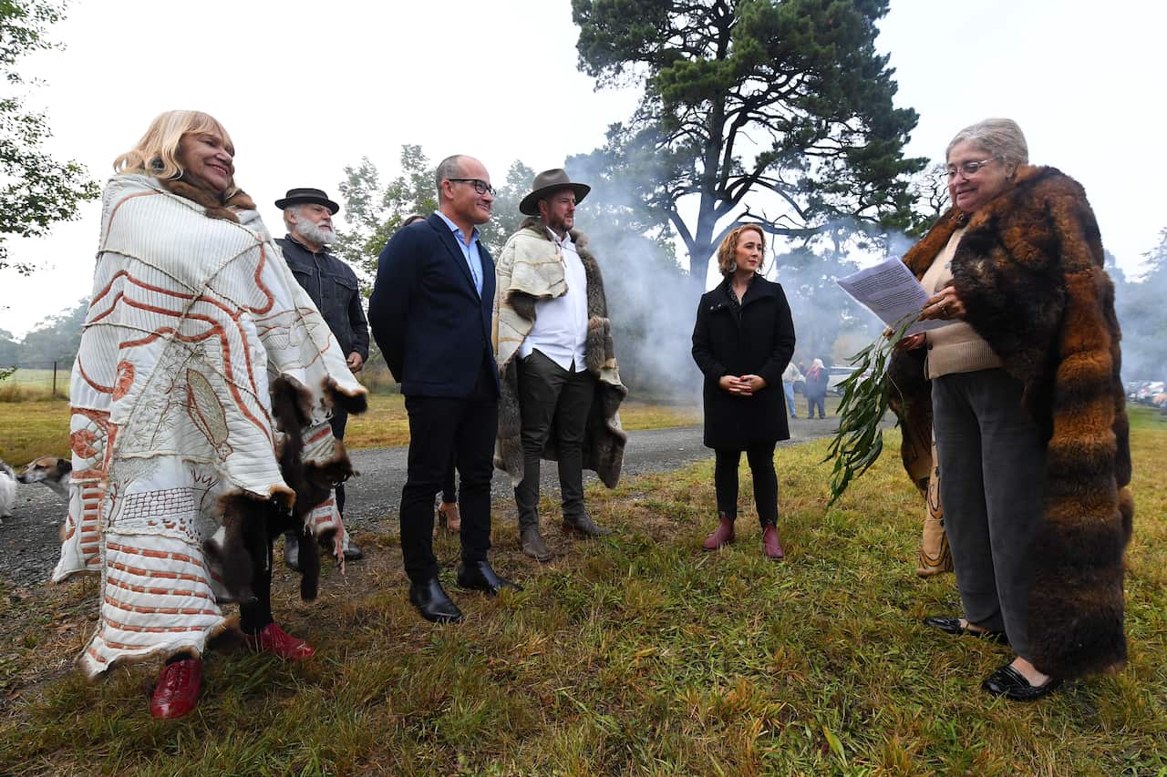 (L-R) Auntie Geraldine Atkinson and Acting Victorian Premier James Merlino, Aboriginal affairs advocate Marcus Stewart, Aboriginal Affairs Minister Gabrielle Williams and Aunty Joy Murphy Wandin AO are seen prior to a press conference announcing the launc