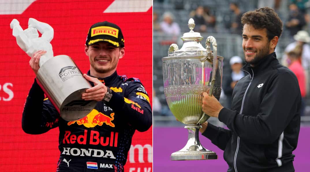 A sinistra Max Verstappen, primo nel GP di Formula 1 a Le Castellet e in testa al Mondiale piloti. A destra Matteo Berrettini, trionfatore al Queen's