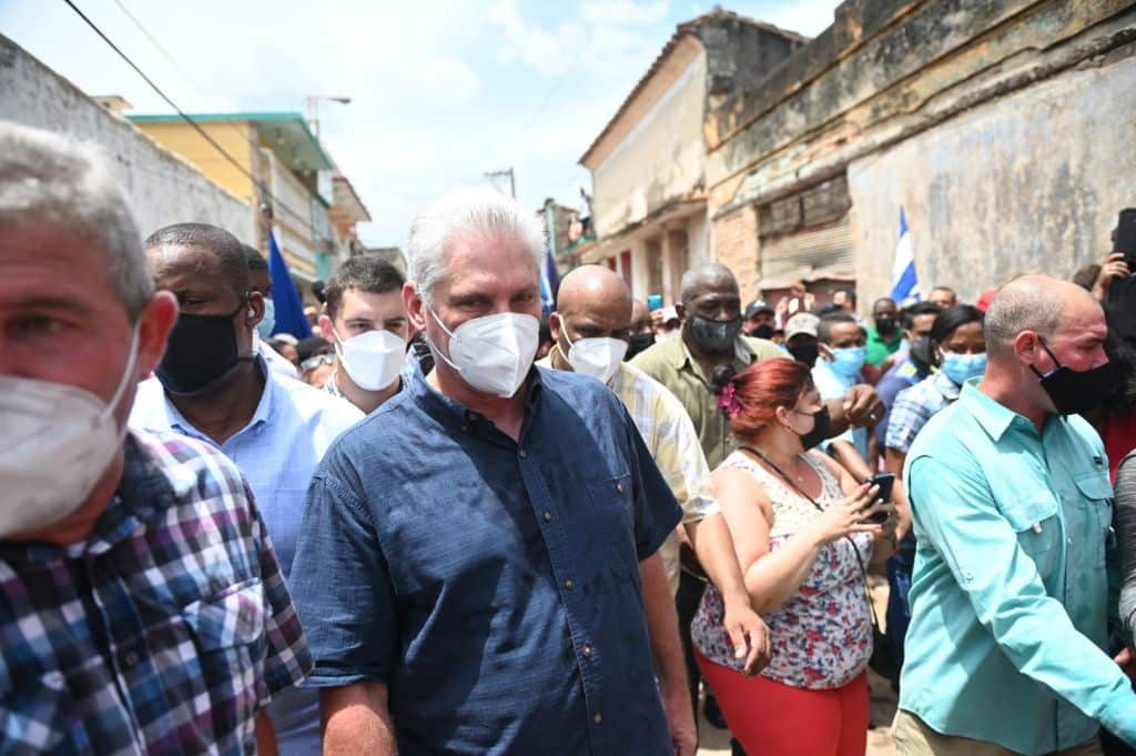 Cuban President Miguel Diaz-Canel is seen during a demonstration held by citizens to demand improvements in the country, in San Antonio de los Banos, Cuba.