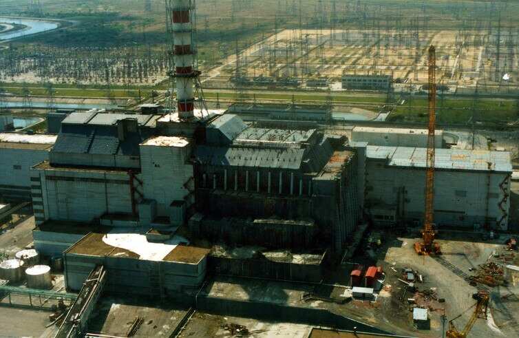 Chernobyl reactor No. 4 building, encased in steel and concrete to limit radioactive contamination.