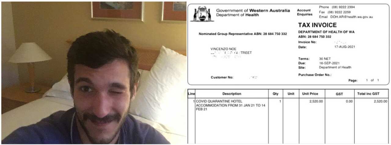 Vincenzo in albergo a Perth, durante la quarantena al rientro in Australia, e la ricevuta (arrivata con 6 mesi di ritardo) del conto di 2520 dollari 