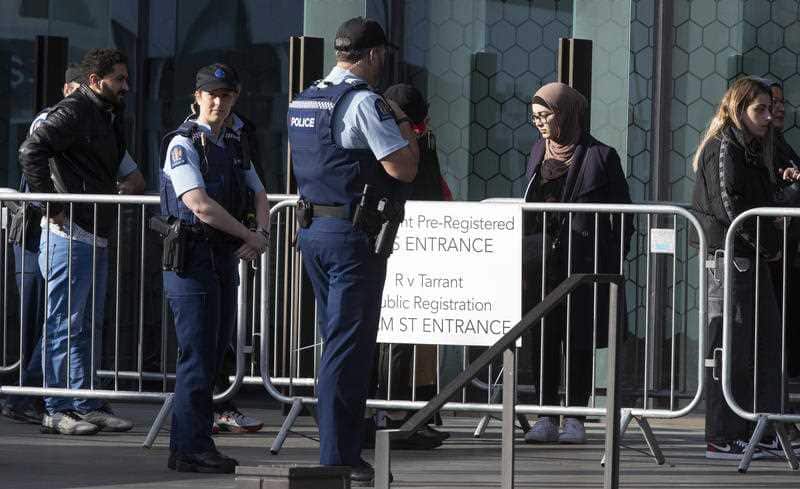 Family and survivors from the March 2019 Christchurch mosque shootings line enter the Christchurch High Court for day two of the sentencing hearing. 