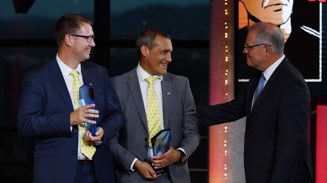 Prime Minister Scott Morrison with winners 2019 Australians of the Year Dr Richard Harris and Craig Challen at the 2019 Australian of the Year Awards.