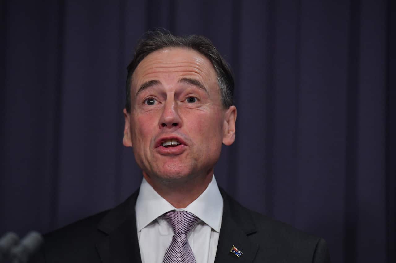 Health Minister Greg Hunt provides a COVID-19 update at a press conference at Parliament House in Canberra on Wednesday.