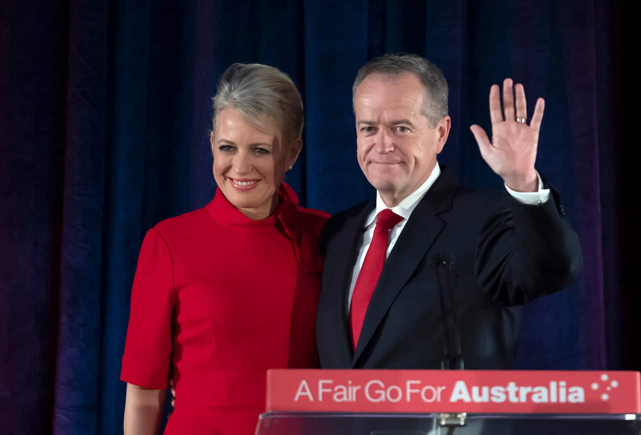 Former Labor leader Bill Shorten on stage with his wife Chloe, as he conceded defeat in the election.