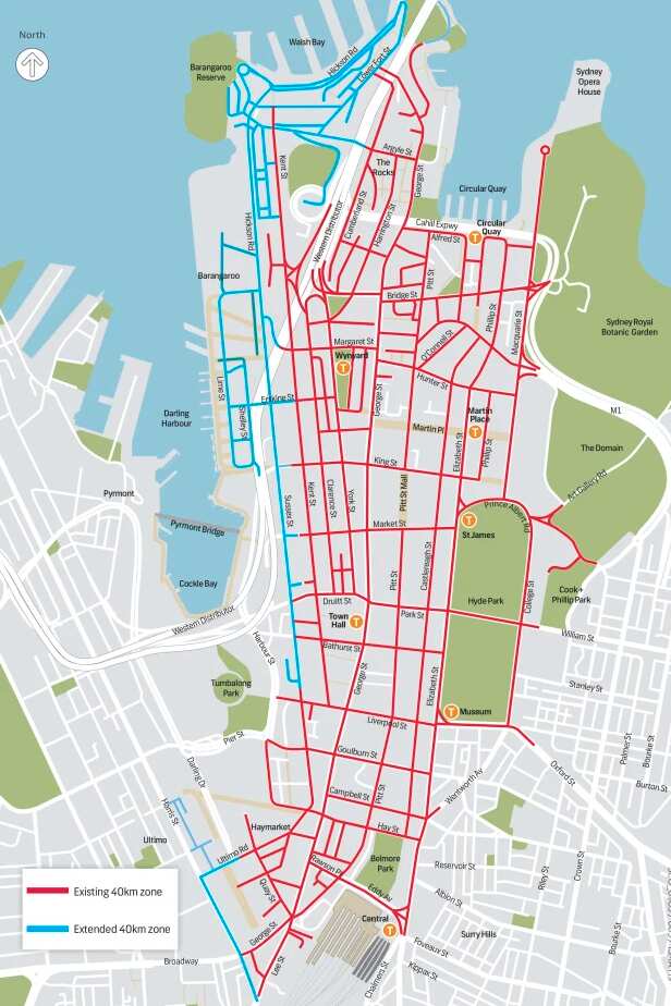 The blue line shows the latest streets in Sydney's CBD to be covered by a 40km/h speed limit.