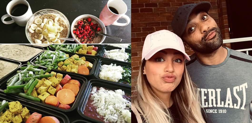 Silvia Cherubini, 25enne di Verona, assieme a Paolo e ad alcune delle loro porzioni di cibo vegano