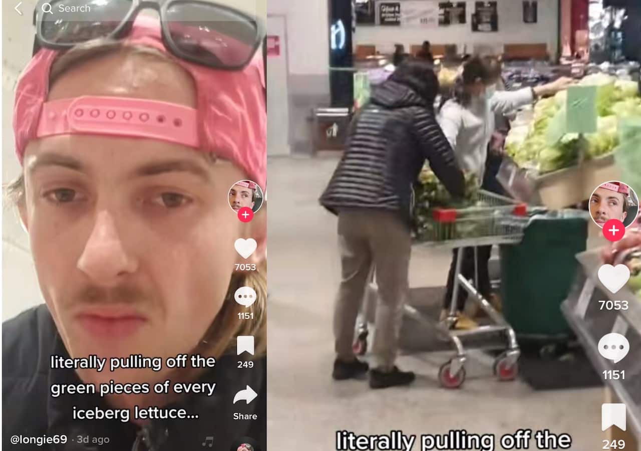 Two women can be seen taking outer leaves off several heads of lettuce at a Coles supermarket in WA.
