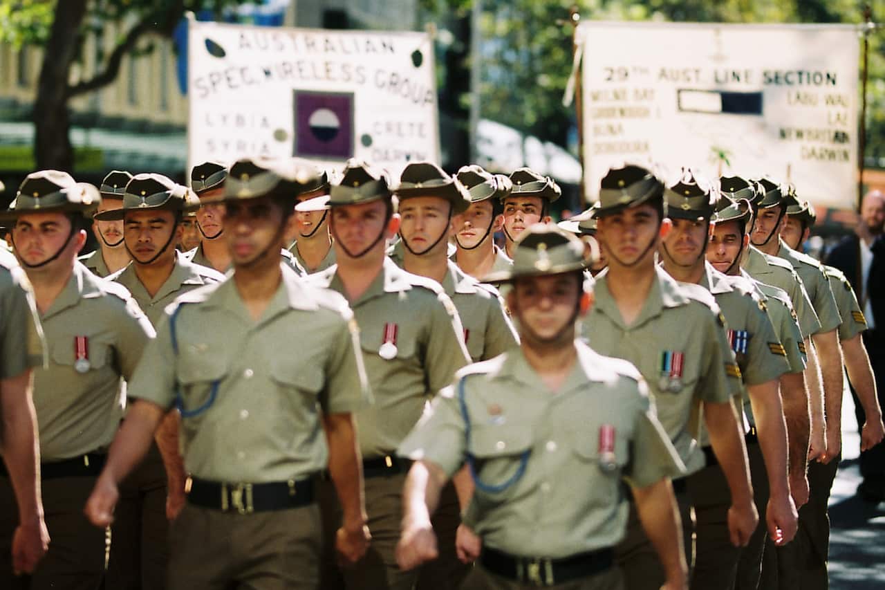 Participants marching down Elizabeth Street during the annual ANZAC Day march in Sydney, Thursday, April 25, 2019