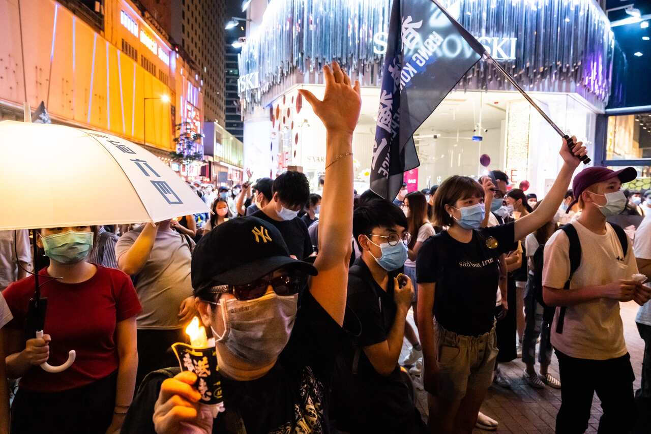 Participants take part in a memorial vigil in a Mongkok on June 4, 2020 in Hong Kong, China.