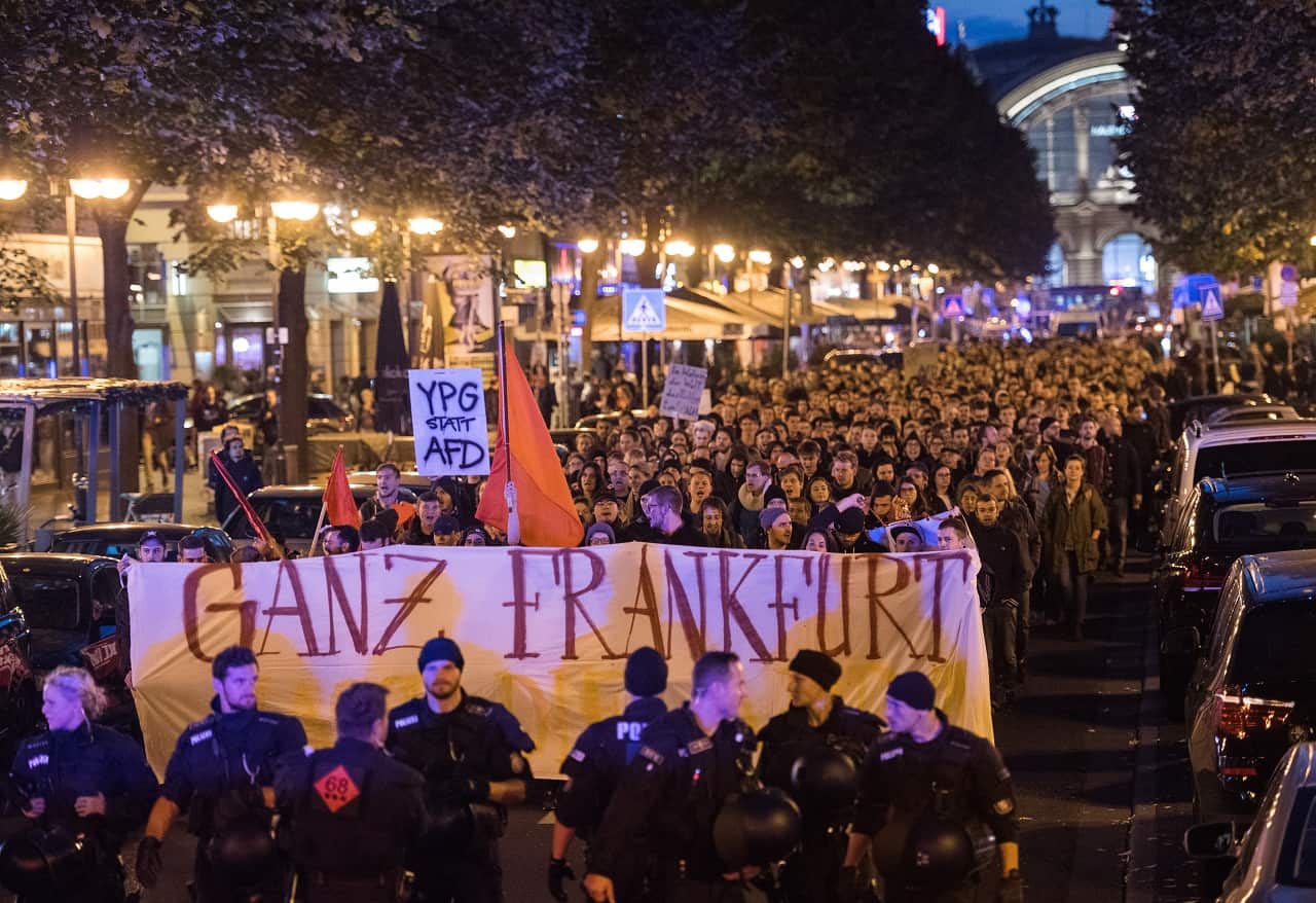 Demonstrators protest outside the Alternative fuer Deutschland (AfD) election party in Berlin, Germany, 24 September 2017 