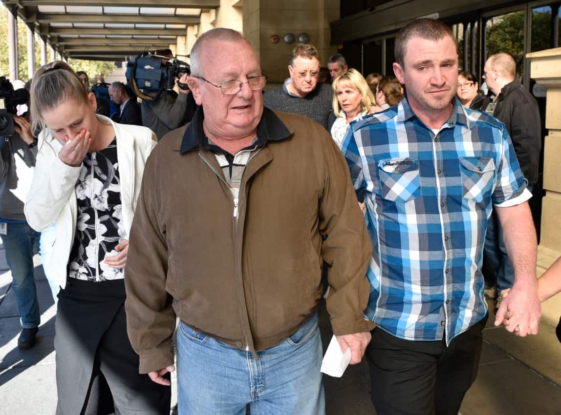 Keith Woodford, with his daughter Alison (left) and son Gary, departs the Supreme Court, Adelaide, Thursday, June 8, 2017.