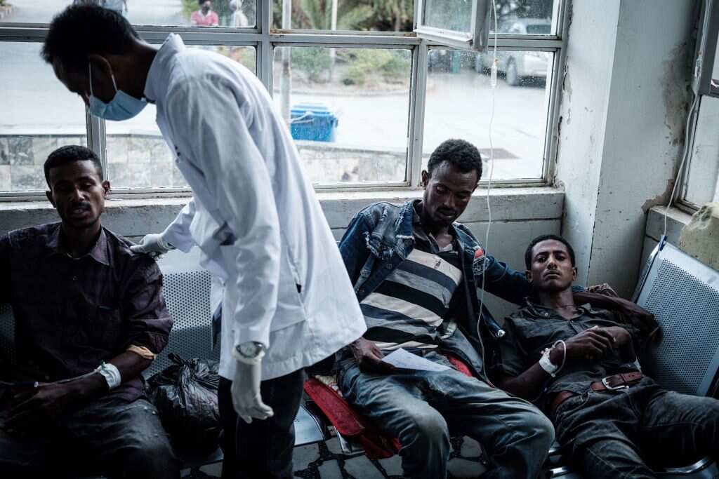 Injured residents of Togoga, a village about 20km west of Mekele, wait at the Ayder referral hospital in Mekele, Ethiopia, on 23 June, 2021.