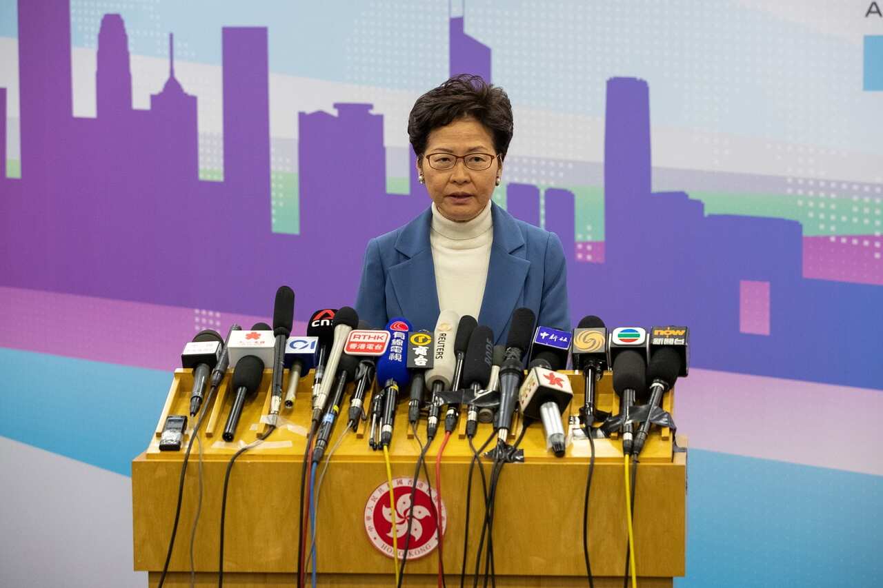 Hong Kong Chief Executive Carrie Lam speaks during a media briefing in Beijing