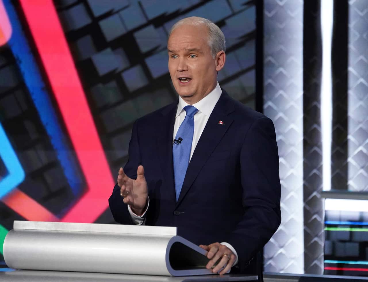 Conservative leader Erin O'Toole speaks during the federal election French-language leaders debate, Wednesday, Sept. 8, 2021 in Gatineau, Quebec.