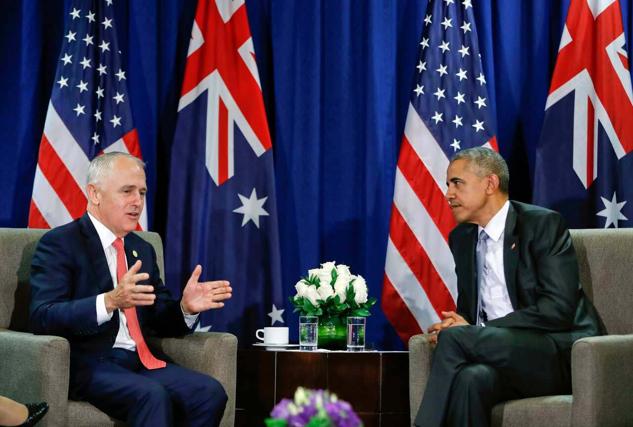 U.S. President Barack Obama, right, listens to Australia's Prime Minister Malcolm Turnbull during their meeting at the Asia-Pacific Economic Cooperation (APEC), in Lima, Peru, Sunday, Nov. 20, 2016. (AP Photo/Pablo Martinez Monsivais)