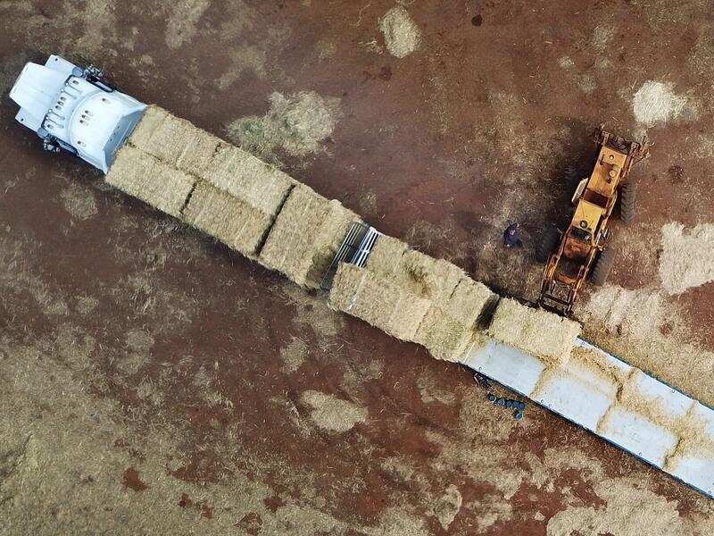Hay bales are unloaded off a Redfield Transport truck at Lynton