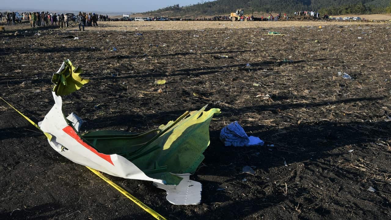 Wreckage lies at the crash site of Ethiopia Airlines Boeing 737 Max 8 en route to Nairobi, Kenya.