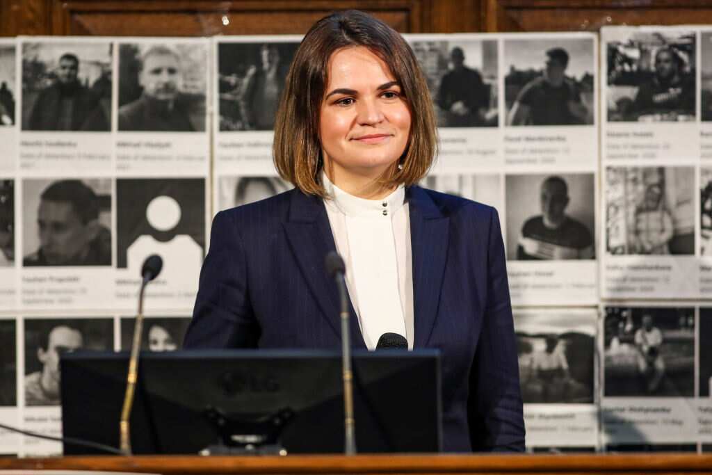 Belarusian human rights activist and opposition Tsikhanouskaya in London