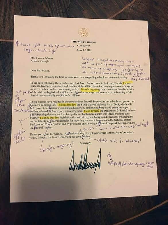 The letter Yvonne Mason received from the White House, and sent back to them after marking it up to point out numerous grammar and clarity problems.