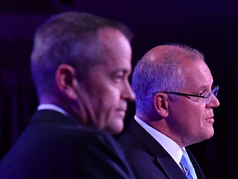 Bill Shorten and Scott Morrison during the third leaders debate, 2019.