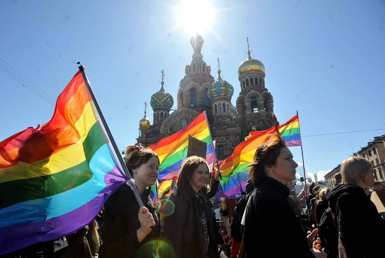 Gay rights activists march in Russia's second city of St. Petersburg May 1, 2013 AFP PHOTO / OLGA MALTSEVA        (Photo credit should read OLGA MALTSEVA/AFP/Getty Images)
