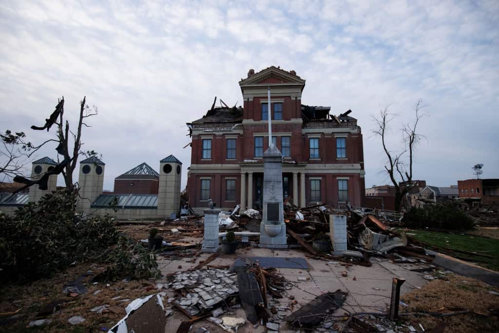 General view of the heavily tornado damaged courthouse on 11 December 2021 in Mayfield, Kentucky.