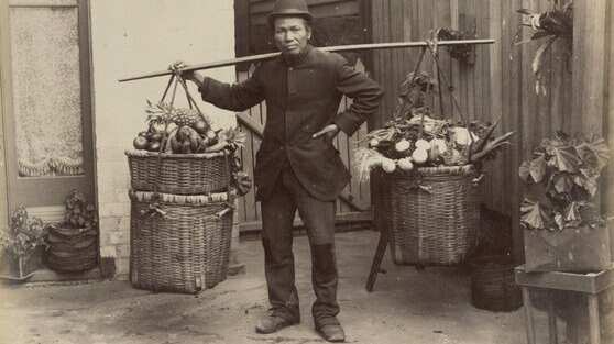 Portrait of unidentified Chinese fruit and vegetable hawker with baskets of produce c. 1895