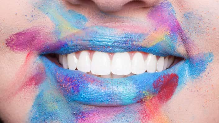 colorful lips lipstick, open mouth closeup, bright teeth