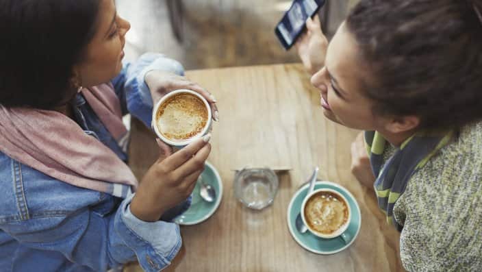 Female friends drinking coffee and using cell phone in cafe