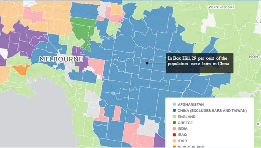 The suburbs of Melbourne (in blue) where China is the second most common country of birth.