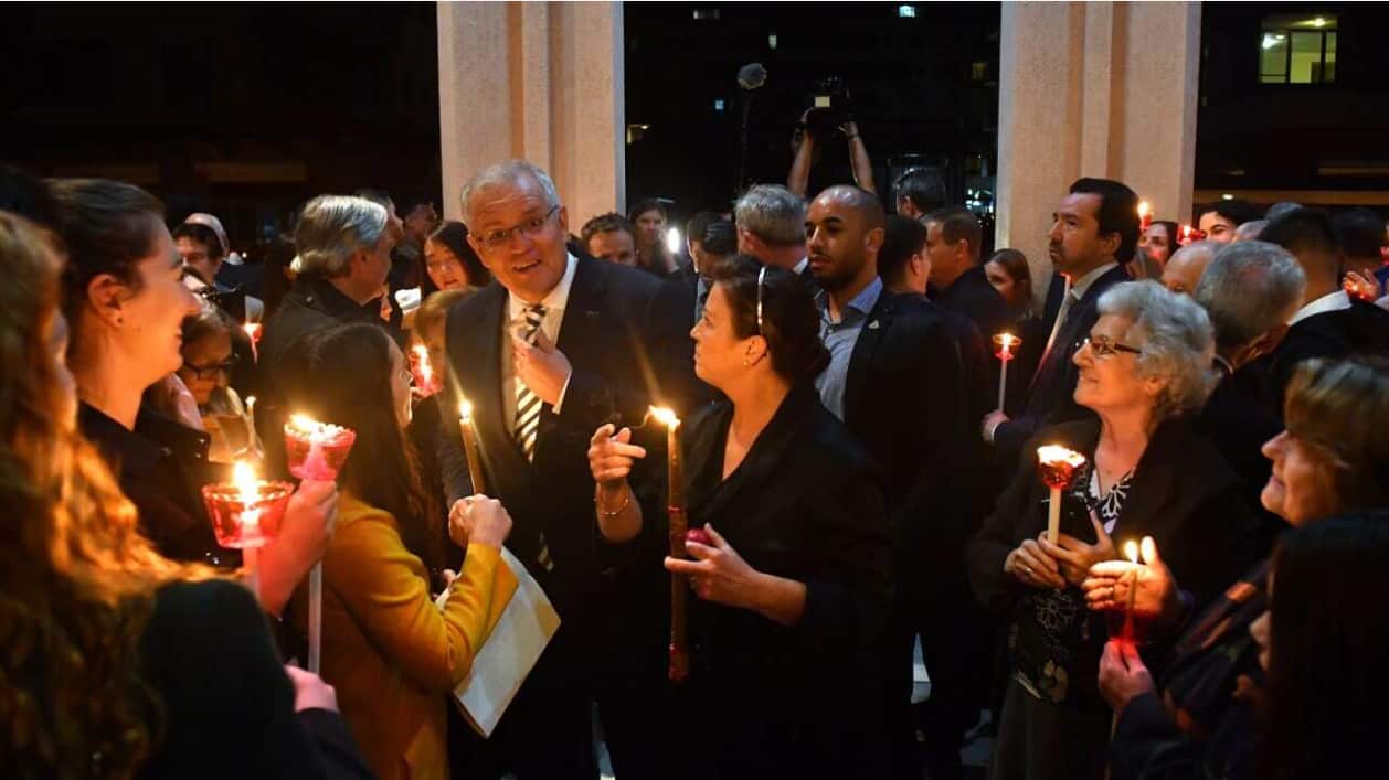Prime Minister Scott Morrison and wife Jenny at the Greek Orthodox Church in Kogarah, Sydney on 24 April 2022. 