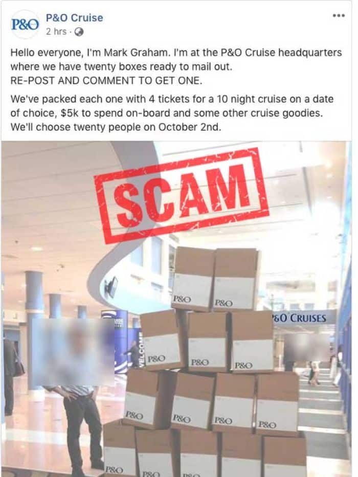This post by the fake 'P&O Cruise' Facebook page raked up more than 44,000 shares before it was deleted.
