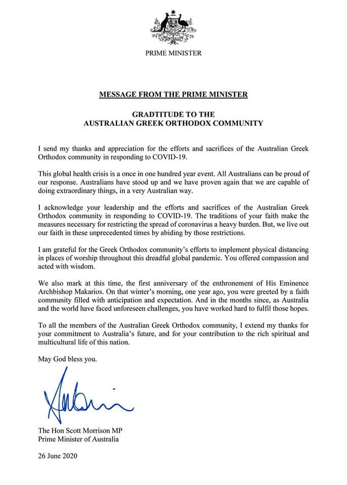 Australian PM Scott Morrison sends appreciation letter to Archbishop Makarios. 