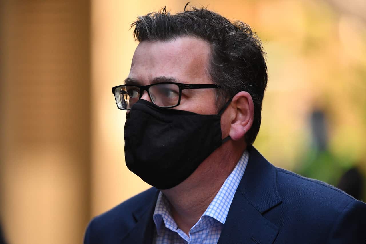 Victorian Premier Daniel Andrews arrives to a press conference in Melbourne, Thursday, August 27, 2020. Victoria has recorded 113 new cases of coronavirus overnight and 23 deaths in the past 24 hours. (AAP Image/James Ross) NO ARCHIVING