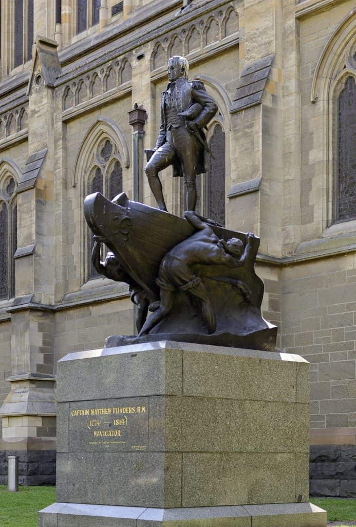 Bronze statue of Captain Matthew Flinders, at St Paul's cathedral in the city of Melbourne, Australia